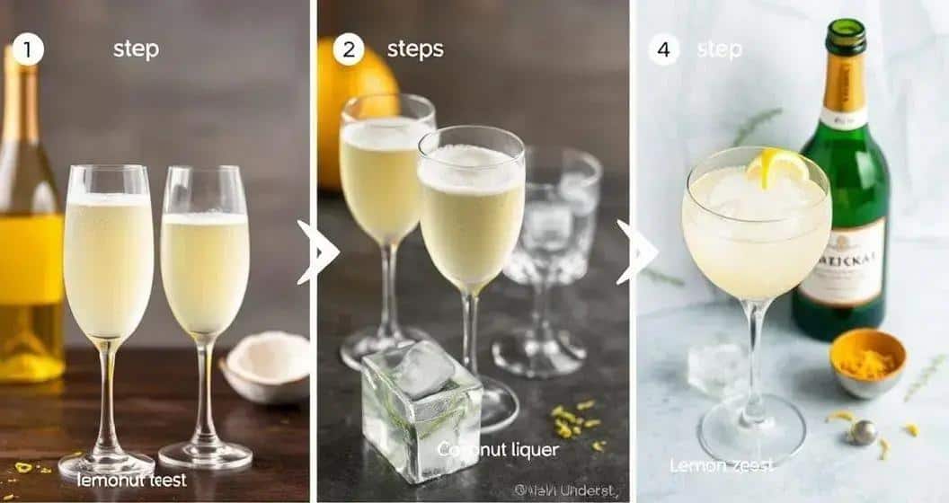 Die Zubereitung von Champagner mit Kokoslikör und Zitronenzeste