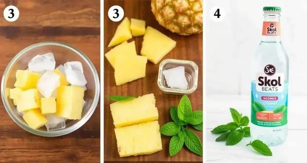 Zubereitung von Skol Beats mit Kokoswasser und Ananas Zubereitung von Skol Beats mit Kokoswasser und Ananas