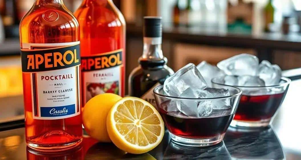 Zutaten für Aperol mit Cassislikör und sizilianischer Zitrone Zutaten für Aperol mit Cassislikör und sizilianischer Zitrone