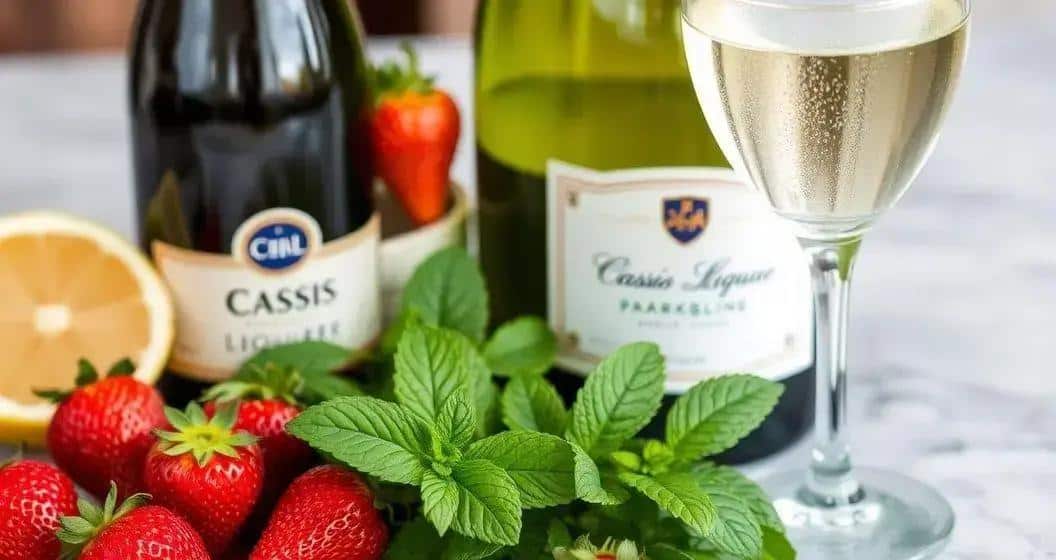 Zutaten für Cassislikör mit Sekt und Erdbeere Zutaten für Cassislikör mit Sekt und Erdbeere