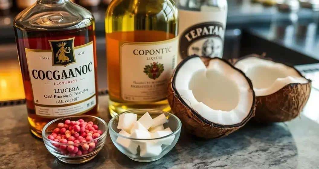 Zutaten für Cognac mit Kokoslikör und rosa Pfeffer