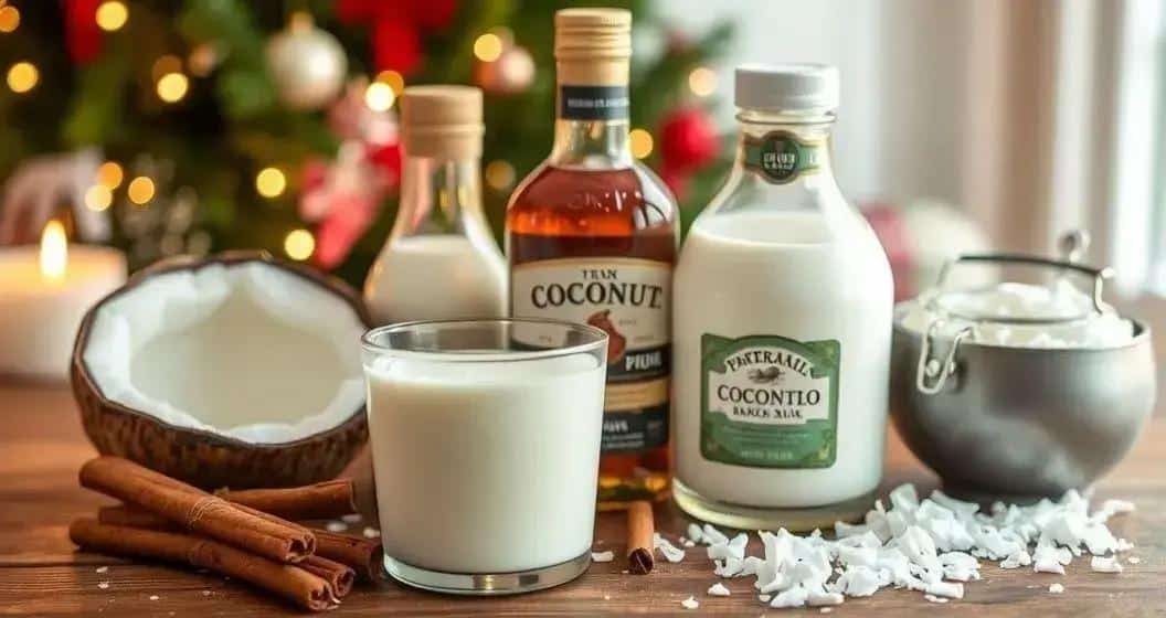 Zutaten für Coquito mit Kokosraspeln und Zimt