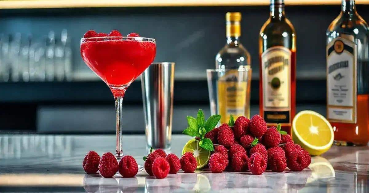 Zutaten für den Cosmopolitan mit frischen Himbeeren