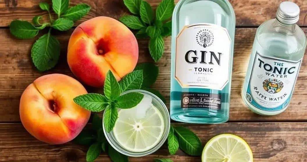 Zutaten für den Gin Tonic mit Pfirsich Zutaten für den Gin Tonic mit Pfirsich