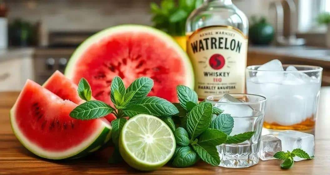 Zutaten für den tropischen Whisky mit Wassermelone und Minze