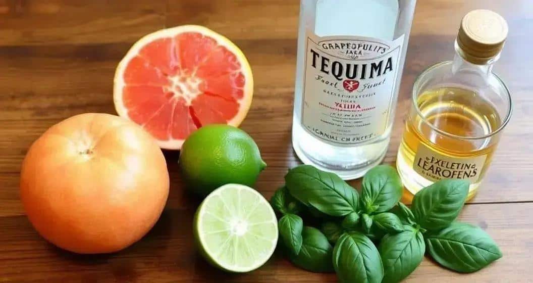 Zutaten für die Grapefruit-Paloma mit Basilikum