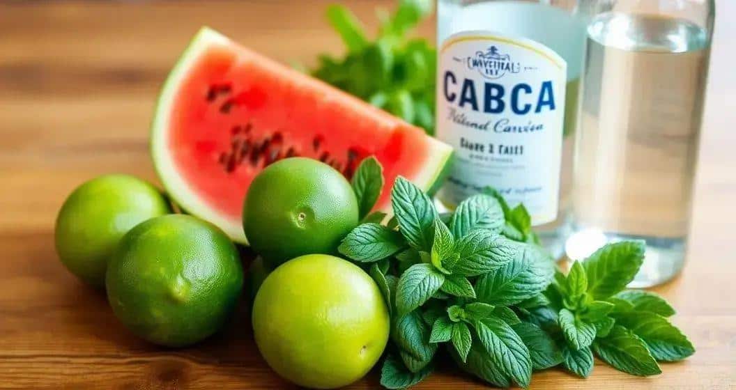 Zutaten für die Wassermelonen-Caipiríssima mit Minze