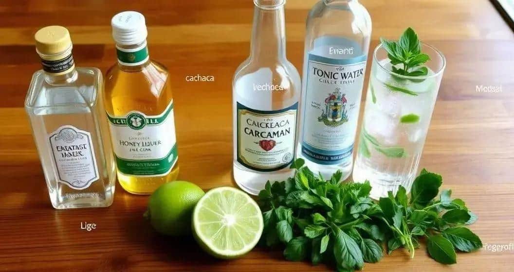 Zutaten für Gin Tonic mit Honiglikör und Cachaça