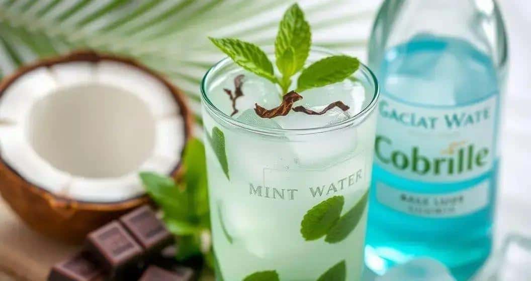 Zutaten für Kokoswasser mit Minzlikör und Schokolade Zutaten für Kokoswasser mit Minzlikör und Schokolade