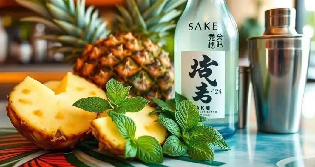 Zutaten für Sake mit Ananasschaum und Minze Zutaten für Sake mit Ananasschaum und Minze