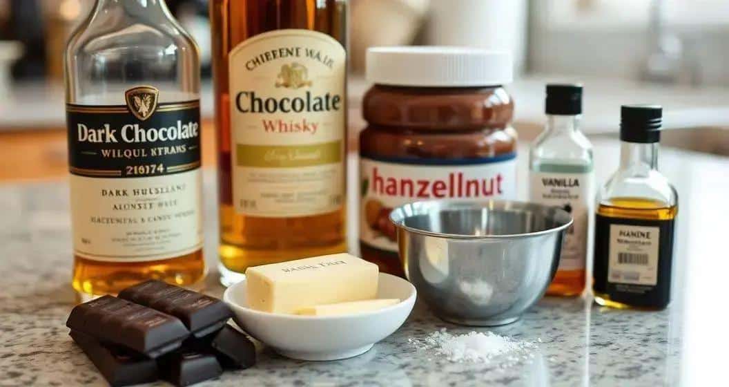 Zutaten für Schokolade mit Whisky und Haselnusscreme Zutaten für Schokolade mit Whisky und Haselnusscreme