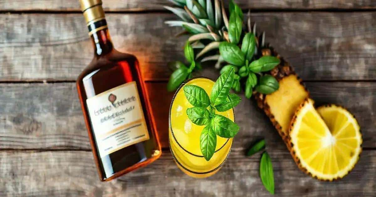 Zutaten für tropischen Cognac mit Ananas und Basilikum