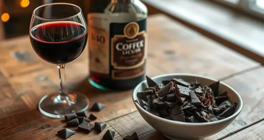 Zutaten für Wein mit Kaffeelikör und Schokoraspeln Zutaten für Wein mit Kaffeelikör und Schokoraspeln
