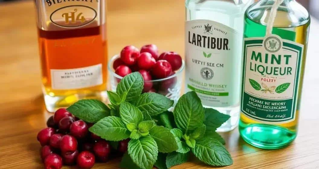 Zutaten für Whisky mit roten Beeren und Minzlikör Zutaten für Whisky mit roten Beeren und Minzlikör