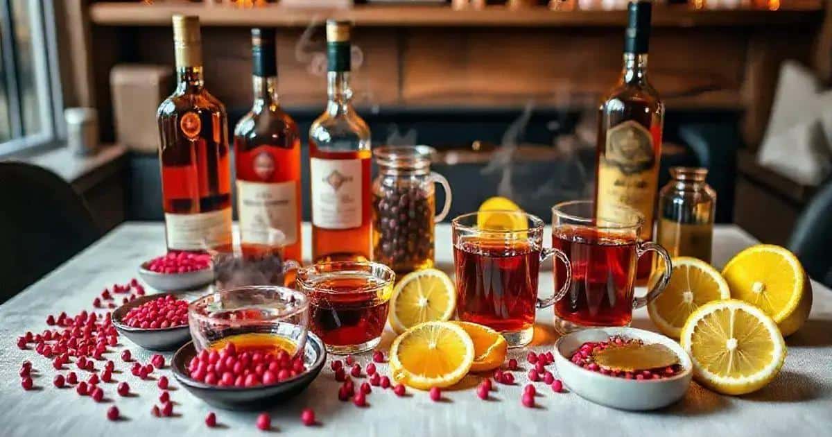 Zutaten für Whisky mit schwarzem Tee und rosa Pfeffer