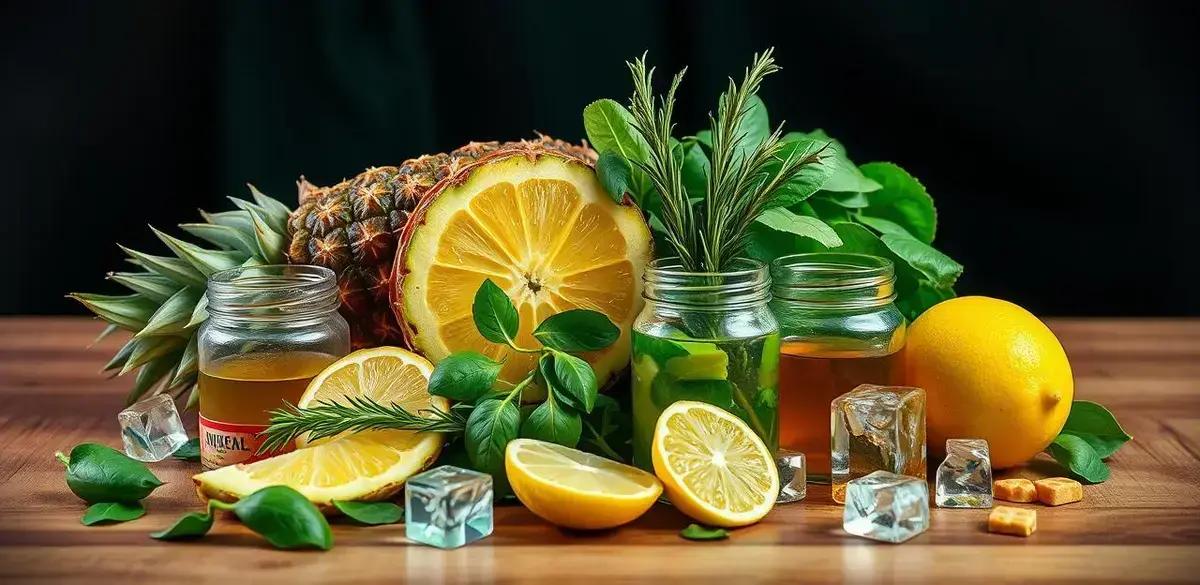 Ingredientes de la bebida verde con jugo de piña y romero