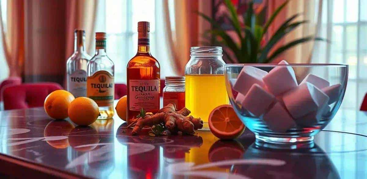 Ingredientes de Tequila con jugo de limón y jengibre