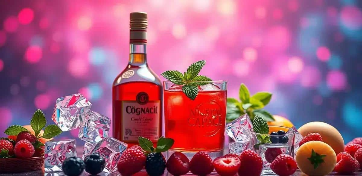Ingredientes para el cóctel de coñac con jugo de frutos rojos y menta