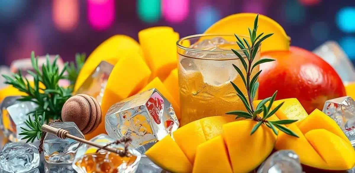 Ingredientes de la bebida energética con jugo de mango y romero