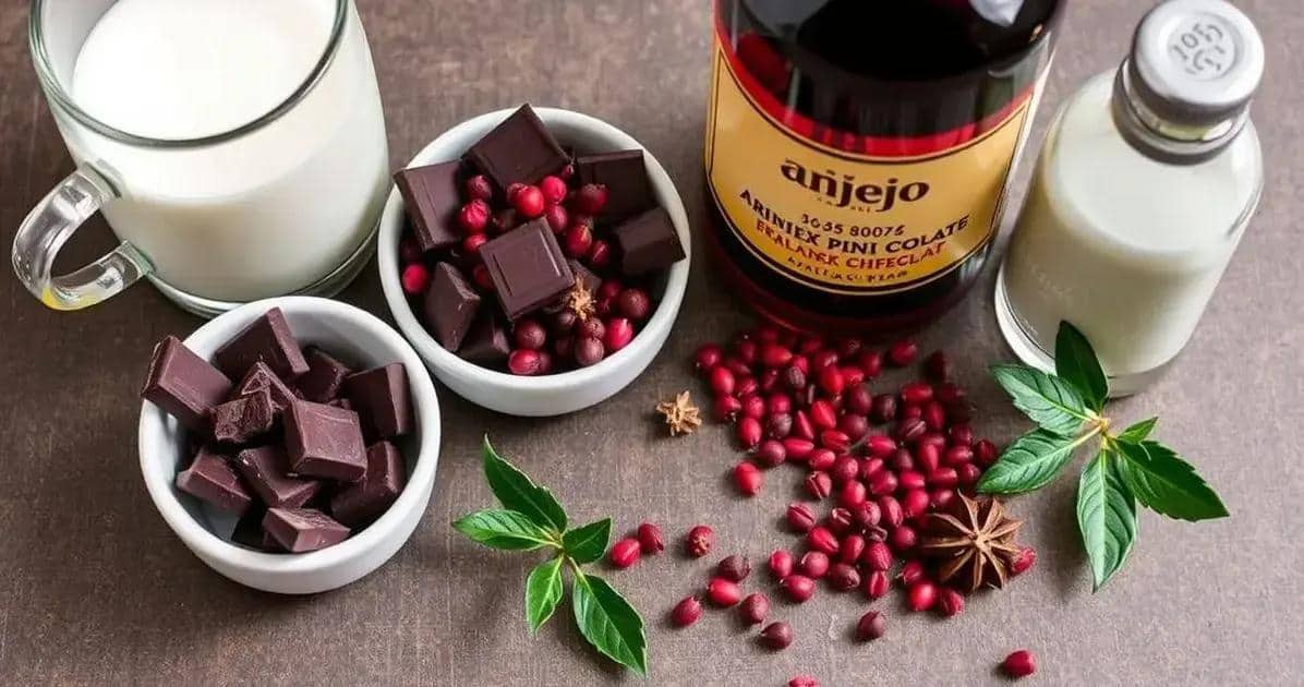 Ingredientes de chocolate caliente con pimienta rosa y ron añejo