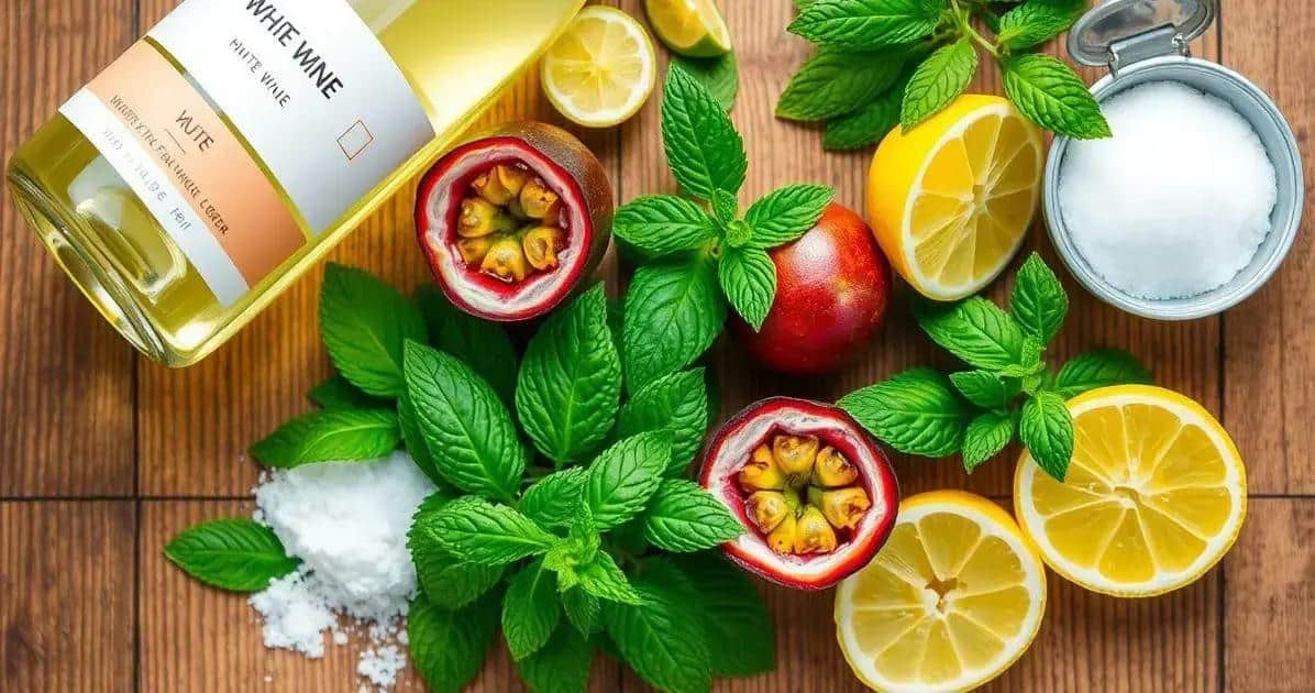 Ingredientes del vino blanco con jugo de maracuyá y menta