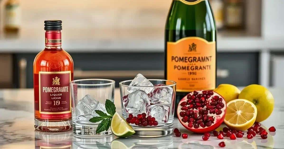 Ingredientes para el cóctel con licor de granada y champaña