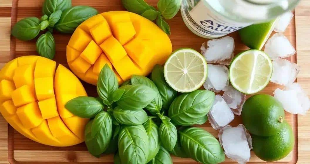 Ingredientes necesarios para Cachaça Tropical con Mango y Albahaca