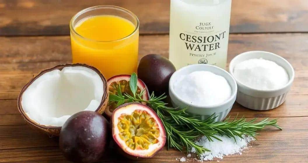 Ingredientes para el Agua de Coco con Jugo de Maracuyá y Romero