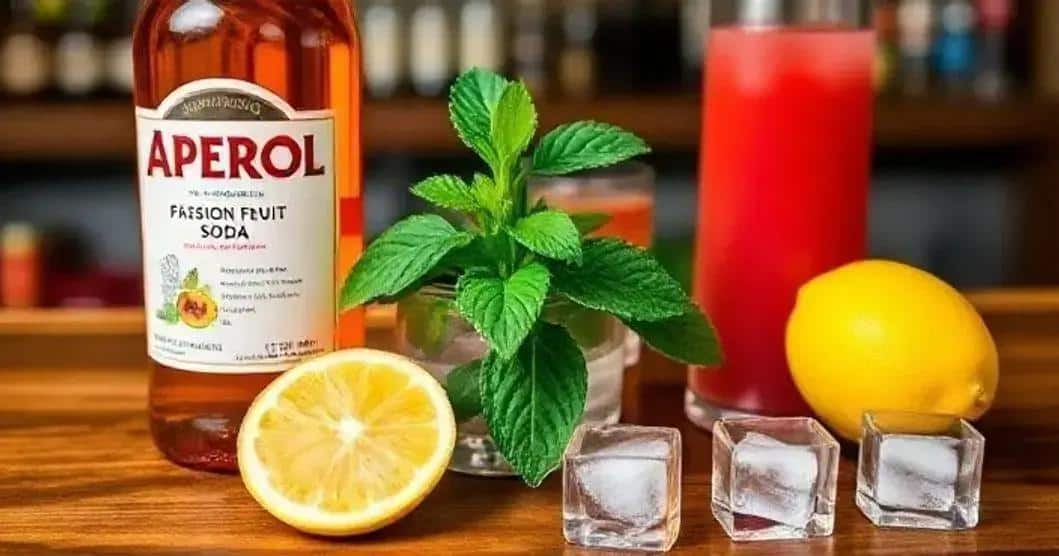 Ingredientes para preparar Aperol con soda de maracuyá y menta