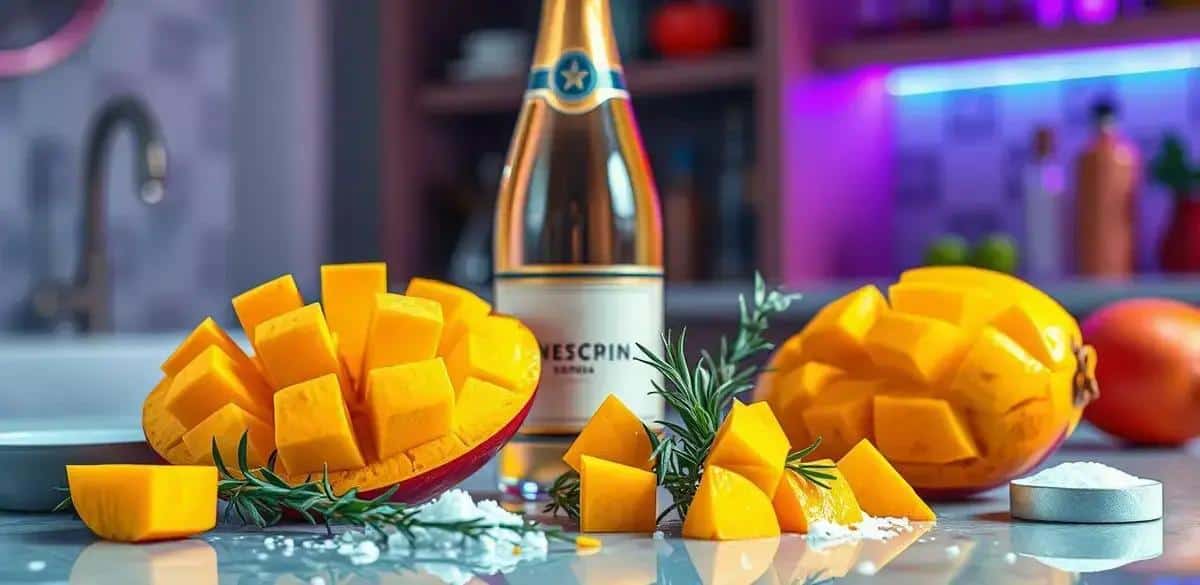 Ingrédients pour champagne avec vin pétillant à la mangue et romarin
