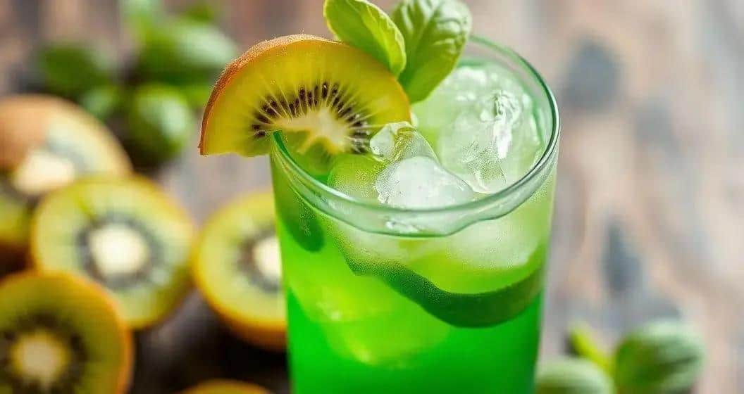 Ingrédients de la boisson verte au soda de kiwi et basilic Ingrédients de la boisson verte au soda de kiwi et basilic