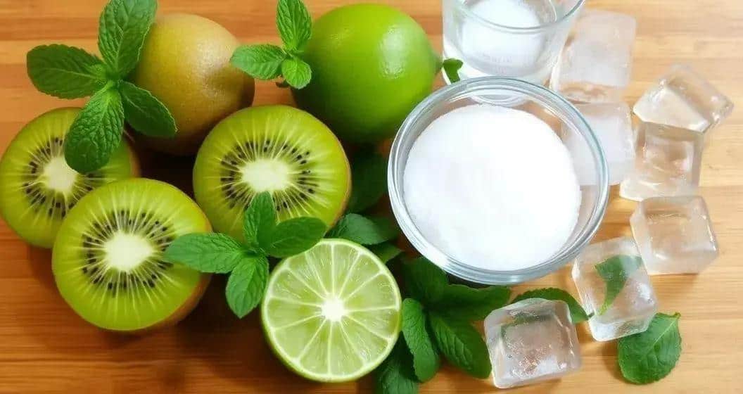 Ingrédients de la boisson verte avec soda de kiwi et menthe