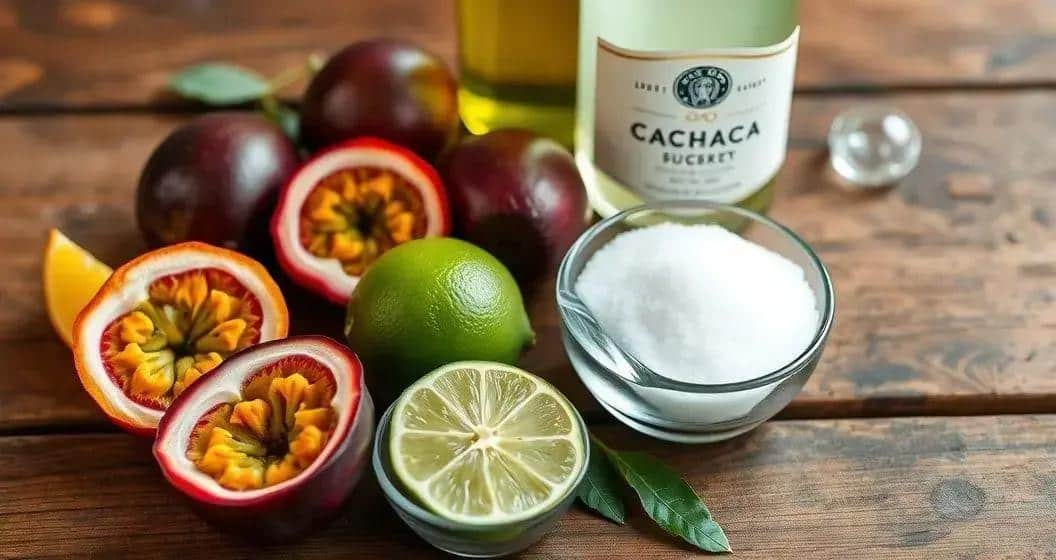 Ingrédients de la Caïpirinha avec vin pétillant et jus de fruit de la passion
