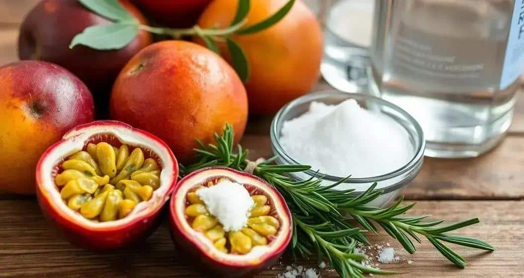 Ingrédients de la Caipiroska au fruit de la passion avec romarin Ingrédients de la Caipiroska au fruit de la passion avec romarin