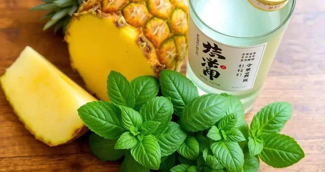 Ingrédients de la recette : Saké, Ananas, Menthe Ingrédients de la recette : Saké, Ananas, Menthe
