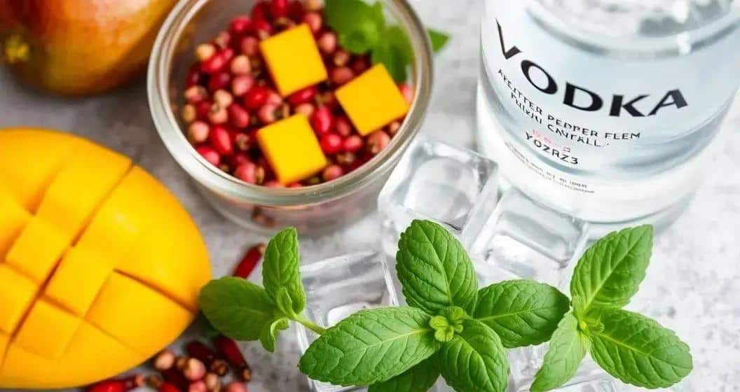 Ingrédients de la vodka avec jus de mangue et poivre rose