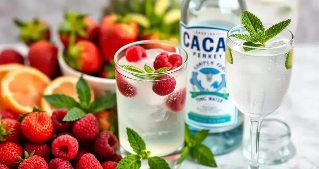 Ingrédients pour la cachaça avec fruits rouges et eau tonique Ingrédients pour la cachaça avec fruits rouges et eau tonique