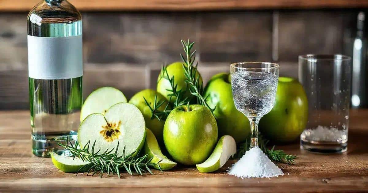 Ingrédients pour le gin avec écume de pomme verte et romarin