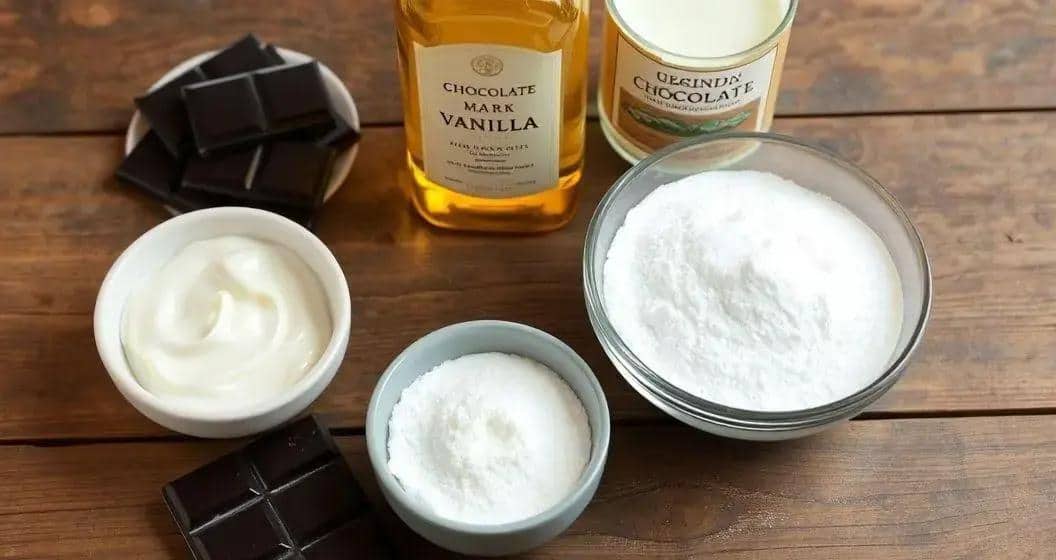 Ingredienti per cioccolato con liquore alla vaniglia e panna montata