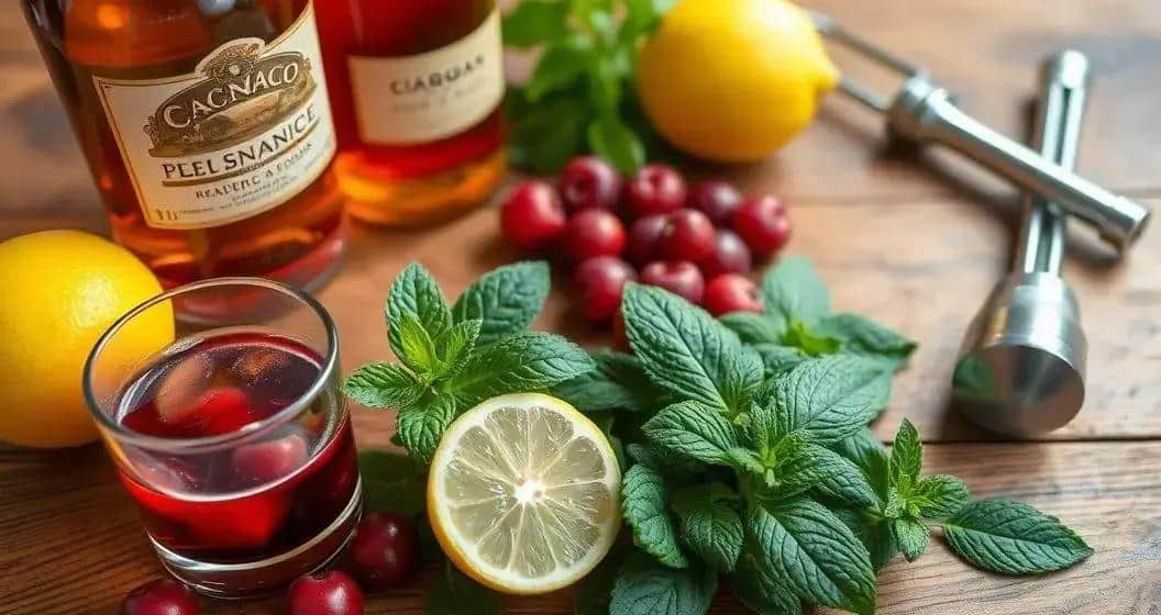 Ingredienti per Cognac con Succo di Frutti Rossi e Menta Ingredienti per Cognac con Succo di Frutti Rossi e Menta