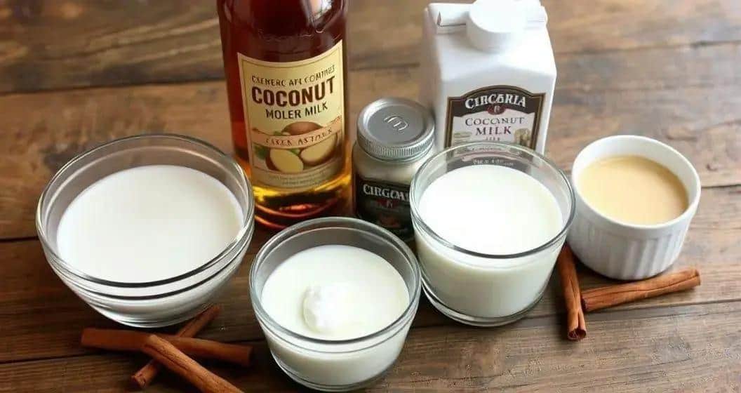 Ingredienti per Coquito con Scaglie di Cocco e Cannella Ingredienti per Coquito con Scaglie di Cocco e Cannella