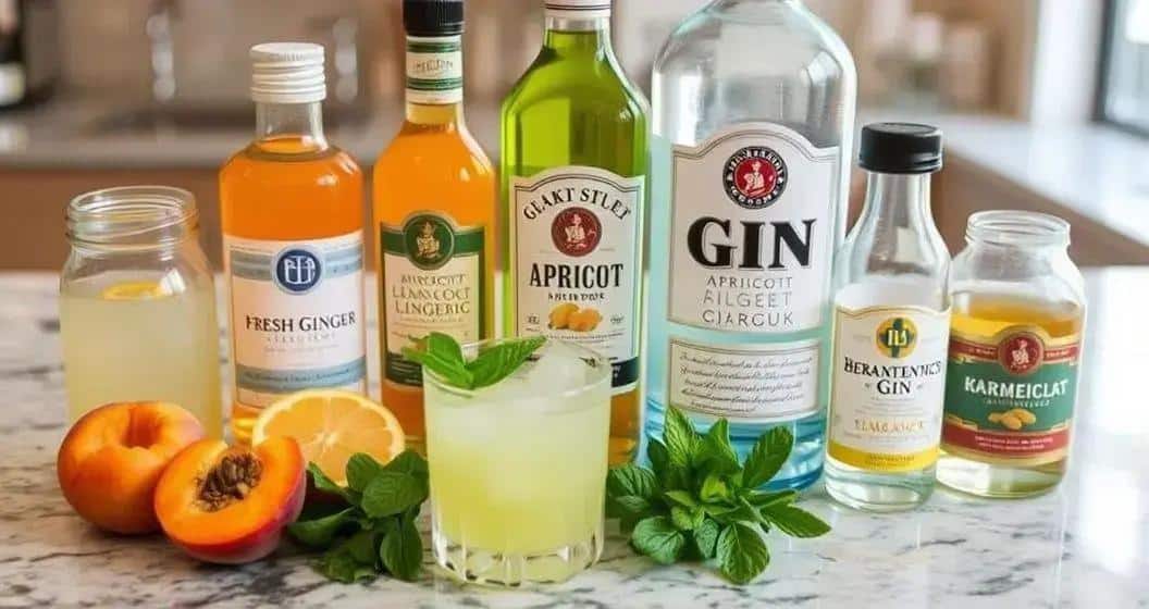 Ingredienti per Gin con liquore all’albicocca e schiuma di zenzero Ingredienti per Gin con liquore all’albicocca e schiuma di zenzero