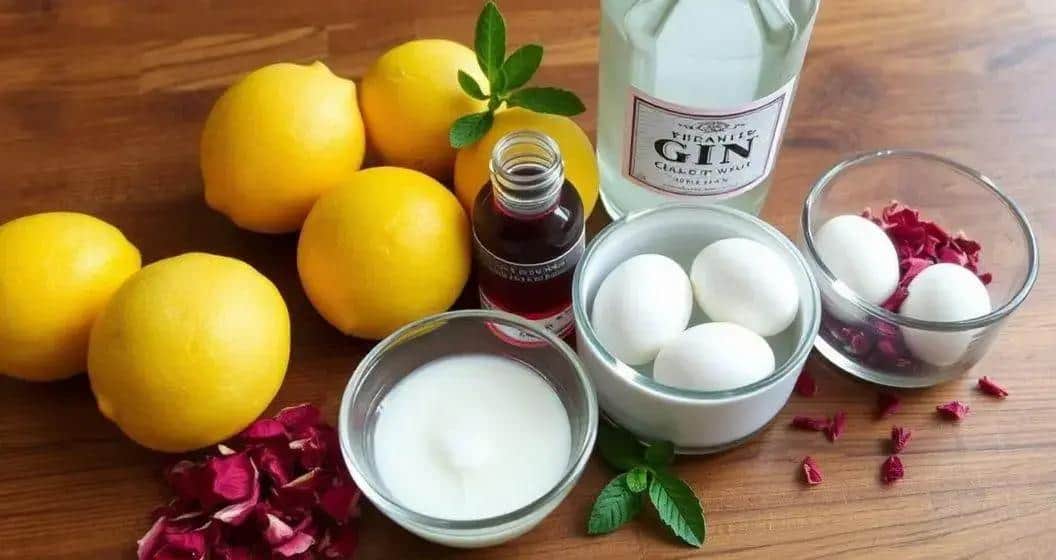 Ingredienti per il cocktail con schiuma di ibisco e gin