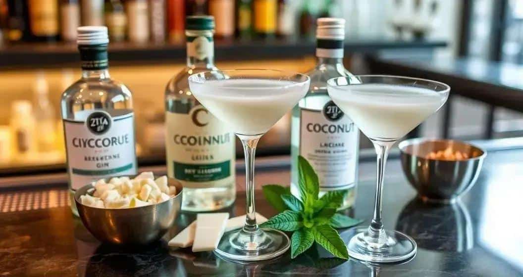 Ingredienti per il Martini con Liquore al Cocco e Scaglie di Cioccolato Bianco Ingredienti per il Martini con Liquore al Cocco e Scaglie di Cioccolato Bianco