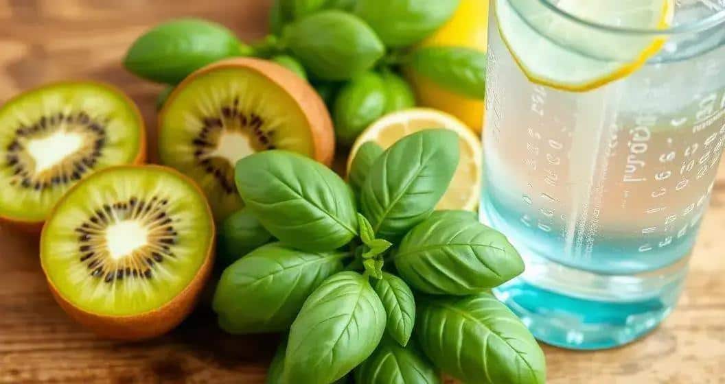 Ingredienti per la bevanda verde con soda al kiwi e basilico
